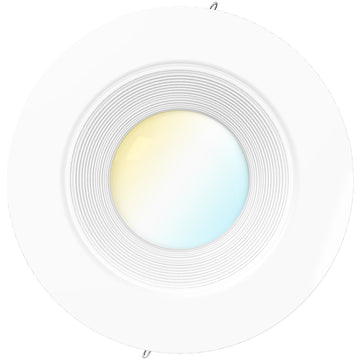 The Sunco 5- to 6-inch Retrofit ceiling light with selectable CCT features a baffle trim which can be clearly seen here. The uniformed grooves create soft light with minimal glare. Our recessed light fits inside recessed cans and is held in place by spring clips. It includes a slider to change color temperature during installation. It comes with an E26 adapter and a TP24 connector to power the light. A foam gasket on the back of the light helps form an airtight seal.
